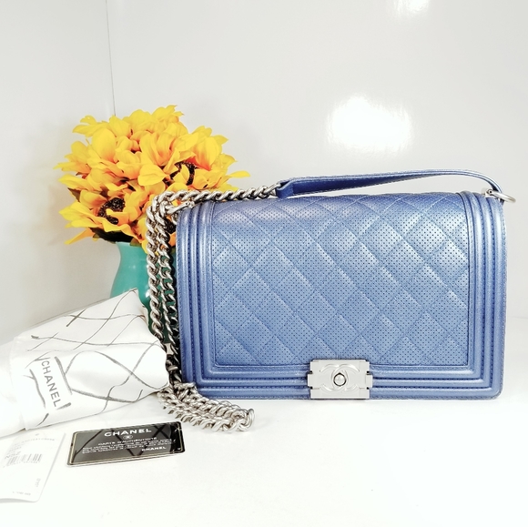 CHANEL Handbags - CHANEL BOY BAG metallic blue MEDUIM perforated